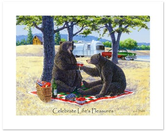 Picnicking Bears Drinking Wine Watercolor Fine Art Print (12"h x 16"w image)