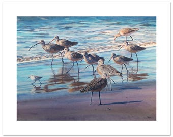 Shorebirds at Surf’s Edge Watercolor Fine Art Print (12"h x 16"w image)