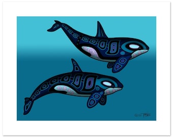 Orca Whale in Northwest Coast Salish Totem Style Fine Art Print (12"h x 16"w image)