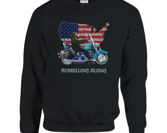 Bear Riding a Harley Motorcycle with "Bearreling Along" Text Fine Art Crewneck Sweatshirt