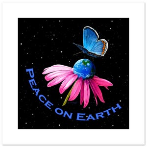 Poster "Pace sulla Terra", un'arte di farfalle e terra per decorazioni sulla terra, un regalo per la pace nel mondo, un'immagine di 12" di altezza x 12" di larghezza su carta per belle arti.