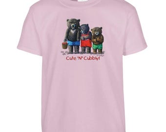 Bear Cubs and Berry Basket with "Cute 'N' Cubbly" Text Fine Art Youth Cotton T-shirt