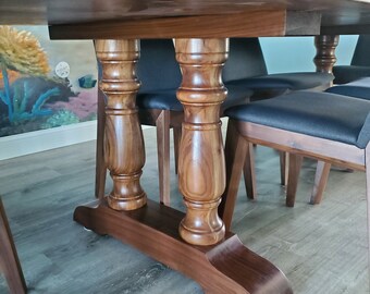 96 x 39" walnut live edge, trestle tables, walnut table, walnut farm table, balastrade, walnut trestle table, walnut farm table, Made in USA
