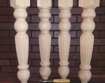 Red Oak Farmhouse Table legs, Fluted, 4* x 29", Unfinished and Finish Sanded, Set of 4 , Stain Grade, Handmade in Norfolk, Va