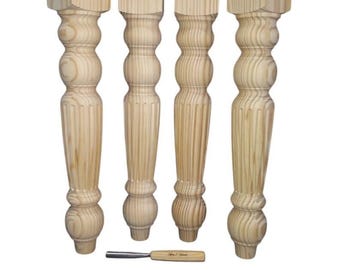 Hand Turned Fluted Pine Table Legs, Set of 4, Unfinished (4x29")