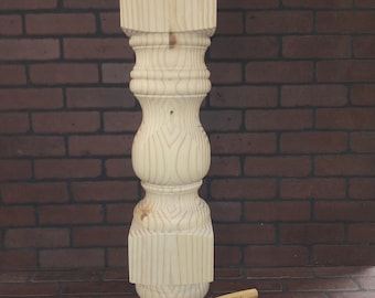 Kitchen Island Pedestal Leg, XXL with Bun Foot, 8 x 34 1/2" Hard Pine, Unfinished and Sanded, Stain Grade, Handmade in Norfolk, Va