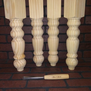 3 1/4 × 17" Bench legs, coffee table legs, wood table legs, turned wood leg, unfinished wood legs, pine bench legs, hand turned, Made in USA