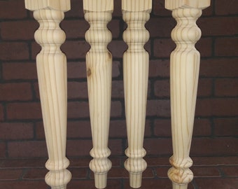 4 x 29" hard pine table legs, turned wood legs, farm table legs, dining table legs, kitchen table legs, wood turnings, Made in USA