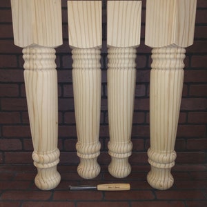 Farm Table Legs, Hard Pine, 5 x 29&quot;, Set of 4, Unfinished and Sanded, Stain Ready, Genuinely Hand Turned and Made in Norfolk, Va.