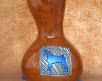 Blue tall Basenji cremation gourd urn.