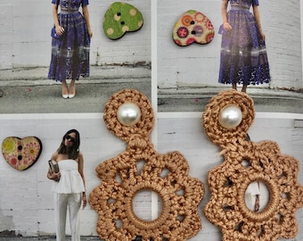 Pendientes de crochet de algodón hechos a mano, joyería beige llamativa
