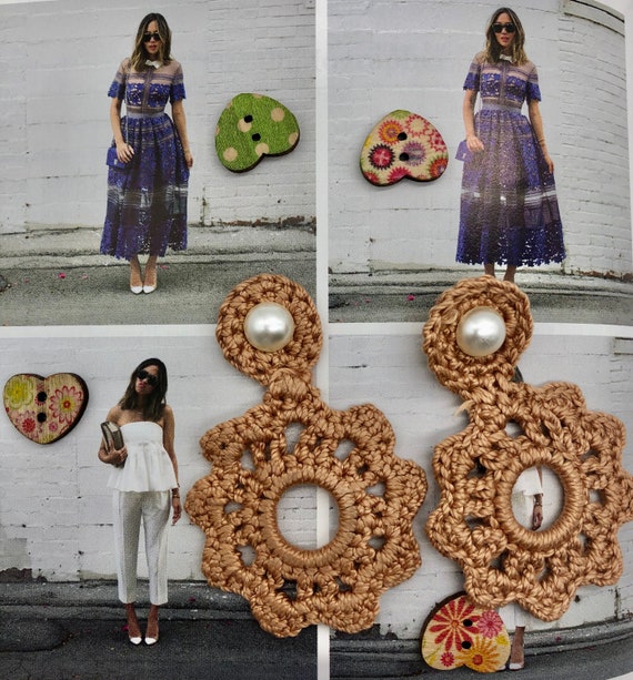 Handmade Cotton Crochet Earrings, Beige Statement Jewelry Handmade Cotton Crochet Earrings, Beige Statement Jewelry