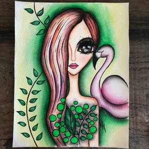 Watercolor painting/ Framed  Flamingo with a Grey hair girl Painting 8 x 10 / Watercolor hand Painting/ Art Wall / Home Decor