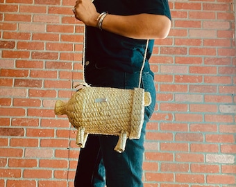 Bolso de paja hecho a mano con forma de cerdo, novedoso monedero con forma de animal