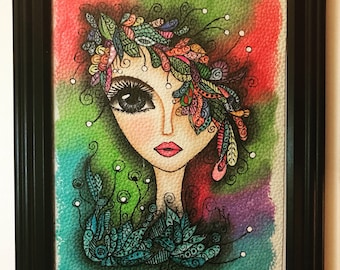 Pintura de acuarela / Corona de plumas pintura / Retrato / Arte pintado a mano