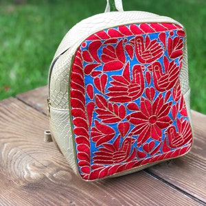 Embroidered backpack  Gold and Red / Artisanal Backpack / Leather Bag/ Mexican embroidered backpack / Gift For her