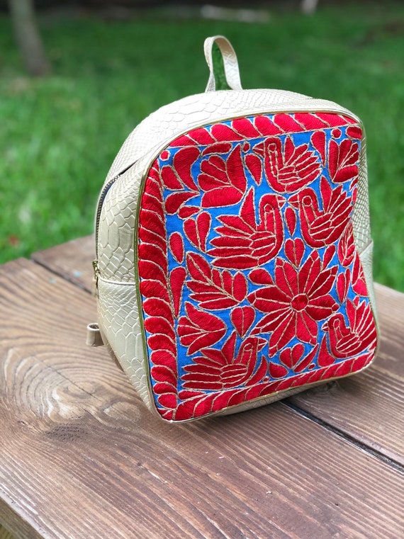 Colorful Floral Embroidered Backpack with Leather Trim Mexican Backpack, Mexican Embroidered Backpack, Mochila De  main image 4