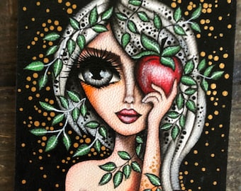 Pintura de niña de pelo blanco con manzana, arte de pared bohemio (8x10)