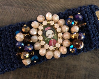 Pulsera de Frida Kahlo de crochet hecha a mano, joyería llamativa con cuentas