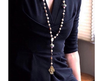 Collar de rosario católico de crochet, rosario de perlas bañado en oro de 14k, regalo de primera comunión