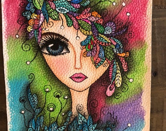 Feather Girl Painting / Art wall / Boho Wall Art / Watercolor Painting /Art 8 x 10 / Wall Art/ Home Decor