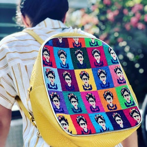 Frida Kahlo Cross-Stitched Backpack, Artisanal Leather Bag