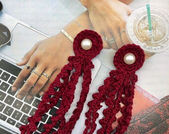 Pendientes de crochet burdeos hechos a mano, largos de algodón, joyería llamativa