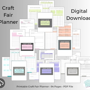 Può includere: Un pianificatore digitale per fiere artigianali con varie pagine per l'organizzazione. Il pianificatore include sezioni per budget, ricerca e servizio clienti. Il testo "Craft Fair Planner" e "Digital Download" sono visibili. Il pianificatore è di 94 pagine.