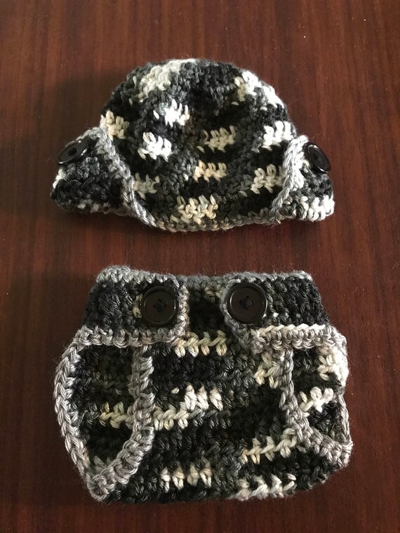 Newborn Baby Boy Camouflage Hat and Diaper cover Crochet Military photo prop