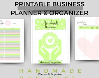 May include: Printable planner and organizer for handmade businesses. The cover features a green and white polka dot design with the text "Handmade Business" and a green hand holding a heart with the text "Handmade with Love".