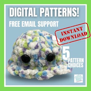 May include: Digital crochet pattern for a plush toy hat with a white, green, and purple color scheme. The hat has large black eyes and the text "INSTANT DOWNLOAD" is in a red stamp. The text "5 PATTERN CHOICES" is also included.