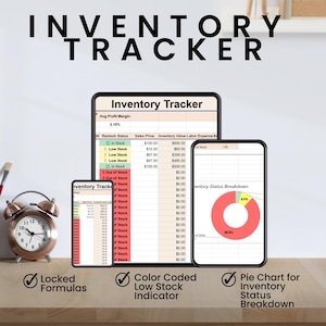 May include: An inventory tracker displayed on three digital devices. The text "INVENTORY TRACKER" is at the top. Features include locked formulas, a color-coded low stock indicator, and a pie chart for inventory status breakdown.