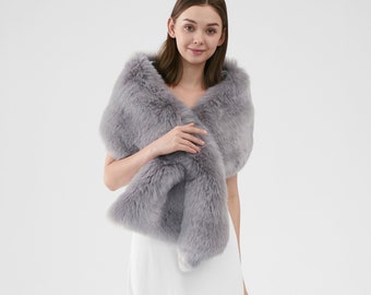 Gray Faux Fur Shawl for Winter Wedding, Fur Bolero for Bride Bridesmaid