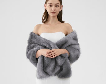 Gray Faux Fur Wrap for Bride Bridesmaid, Gray Faux Fur Bolero Wedding, Gray Bridal Fur Cover Up