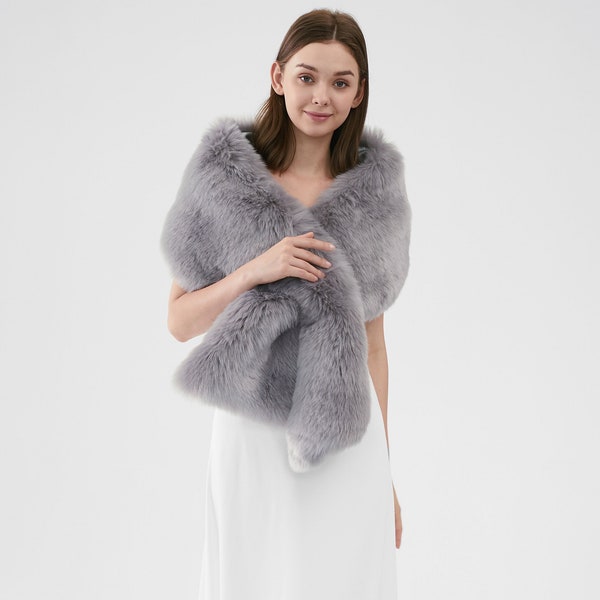 Gray Faux Fur Shawl for Winter Wedding, Fur Bolero for Bride Bridesmaid