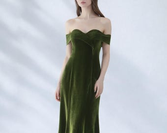 Emerald Green Velvet off Shoulder Dress, Long Sleeve Velvet Maxi Dress,  Velvet Bridesmaid Dress, Velvet Cocktail Dress, Wedding Guest Dress - Etsy