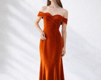 Vestido de dama de honor de terciopelo naranja quemado, vestido de invitada de boda sin tirantes, vestido de noche estilo sirena, vestido de fiesta con hombros descubiertos, vestido largo de terciopelo