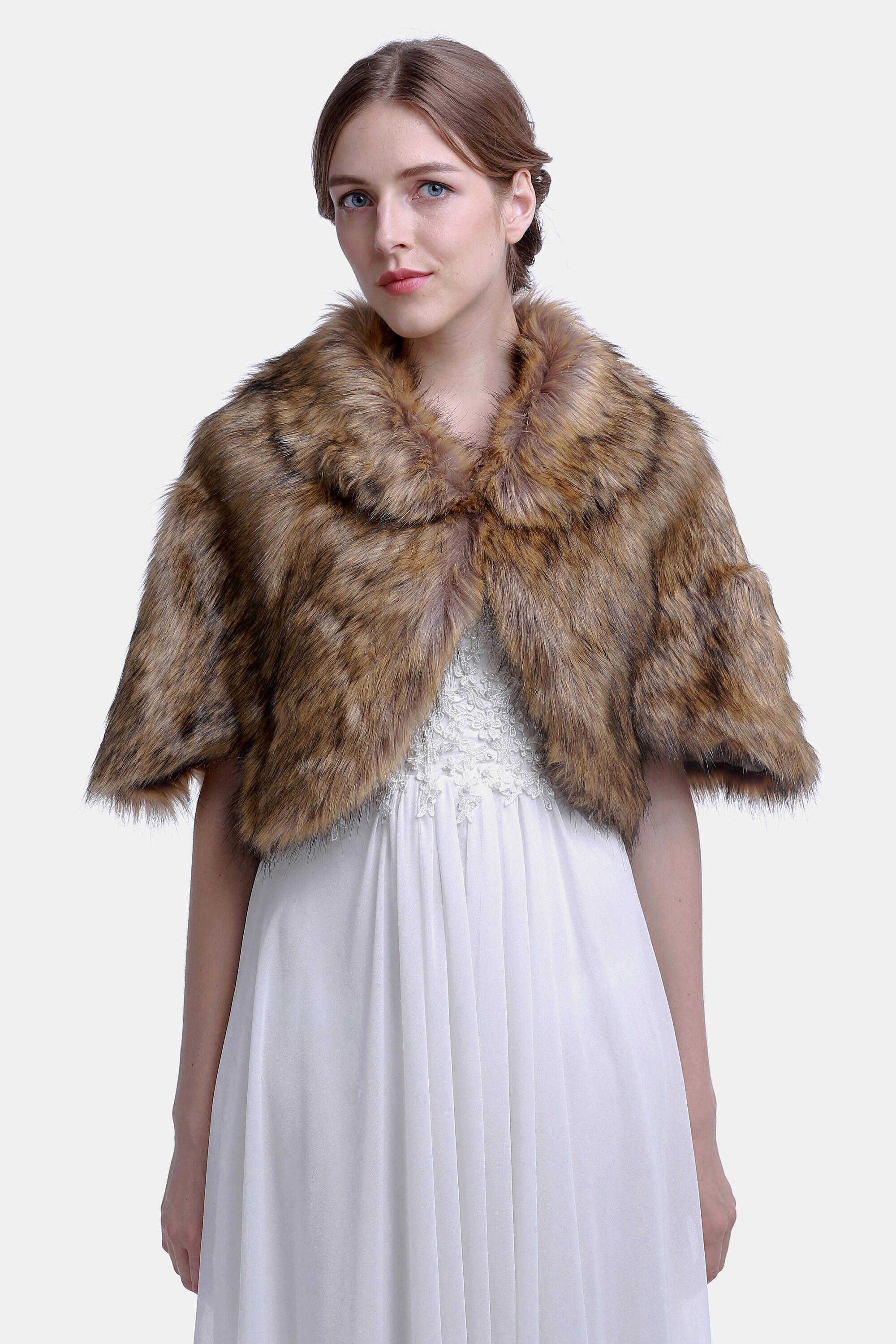 gown with fur shawl