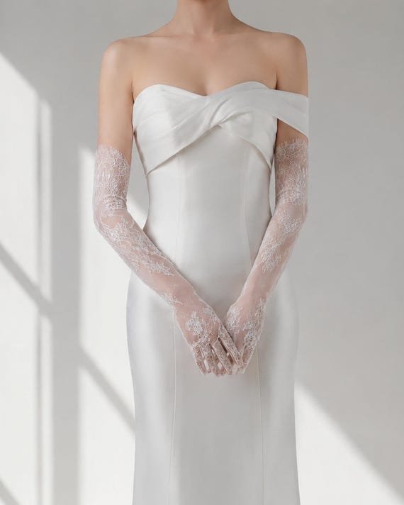 Fingered Floral Lace Opera Gloves for Bride, Soft Stretch Tulle, Light Ivory, Bridal Accessory