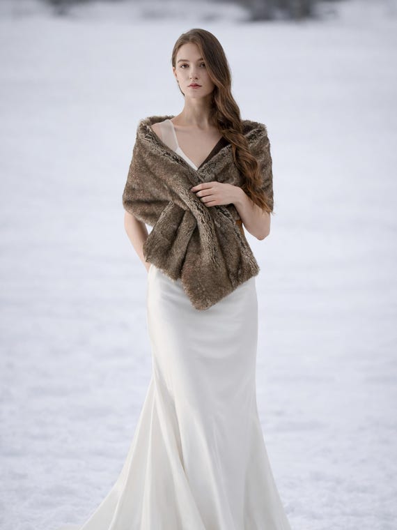 fur shawl for evening dress Brown Faux Fur Wrap, Bridesmaid Shawl, Evening Stole