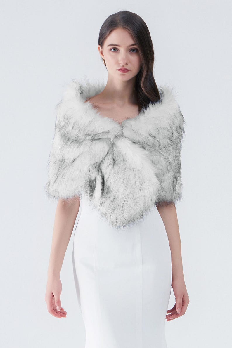 White Mixed With Blacktips Faux Fur Shawl for Wedding Party Etsy