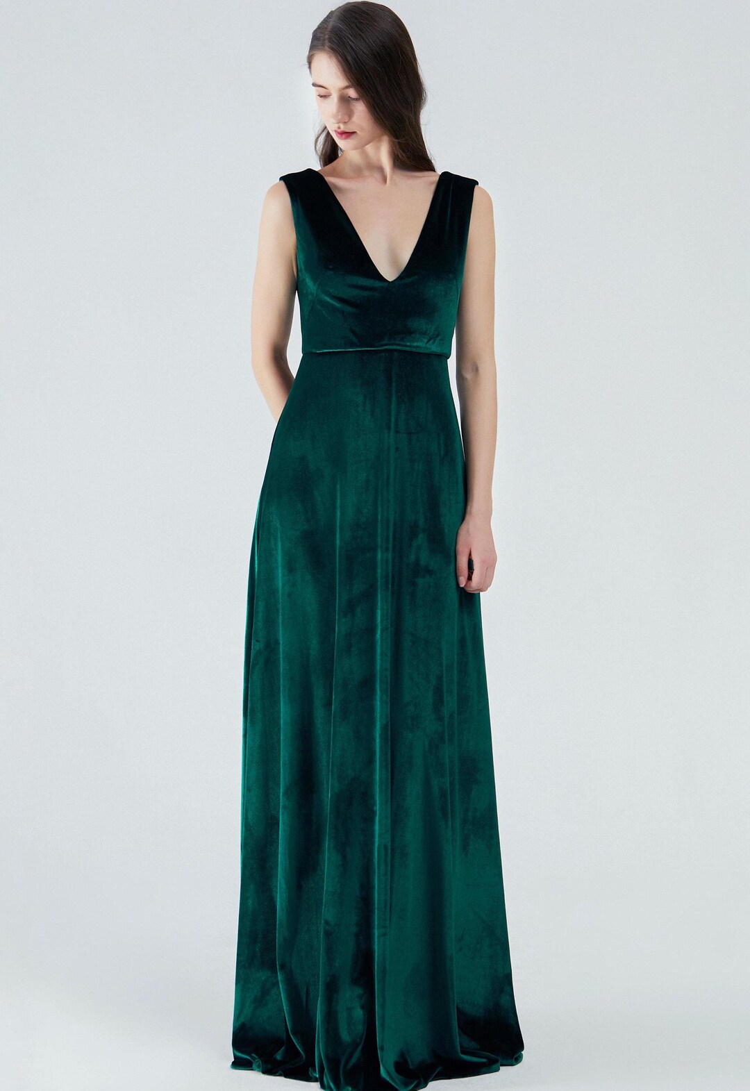 V-neck Floor-length Sheath Velvet Dress With Slit Dark Green main image 1