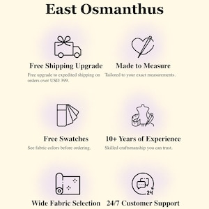 K&ouml;nnte beinhalten: Eine informative Grafik mit dem Titel Why Choose East Osmanthus, die sechs schwarze Liniensymbole zeigt. Die Symbole stellen einen Lieferwagen, ein Herz mit einer Nadel, Stoffmuster, eine Schneiderpuppe mit Ma&szlig;band, eine Stoffrolle und eine Sprechblase dar.