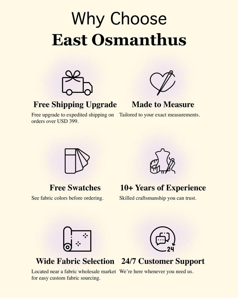 K&ouml;nnte beinhalten: Eine informative Grafik mit dem Titel Why Choose East Osmanthus, die sechs schwarze Liniensymbole zeigt. Die Symbole stellen einen Lieferwagen, ein Herz mit einer Nadel, Stoffmuster, eine Schneiderpuppe mit Ma&szlig;band, eine Stoffrolle und eine Sprechblase dar.