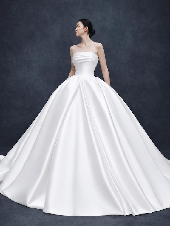 classic sleek wedding dresses Strapless Satin Ball Gown Diamond White | Luxury Bridal Dress Train Neckline