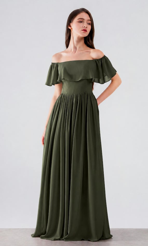 purple and green maxi dress Olive Green Off Shoulder Midi Dress – Gabi Swimwear main image 0