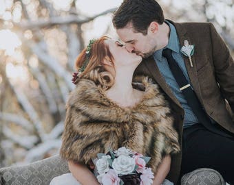 HailieBridal Brown Sleeveless Faux Fur Bride Bridesmaid Shawl