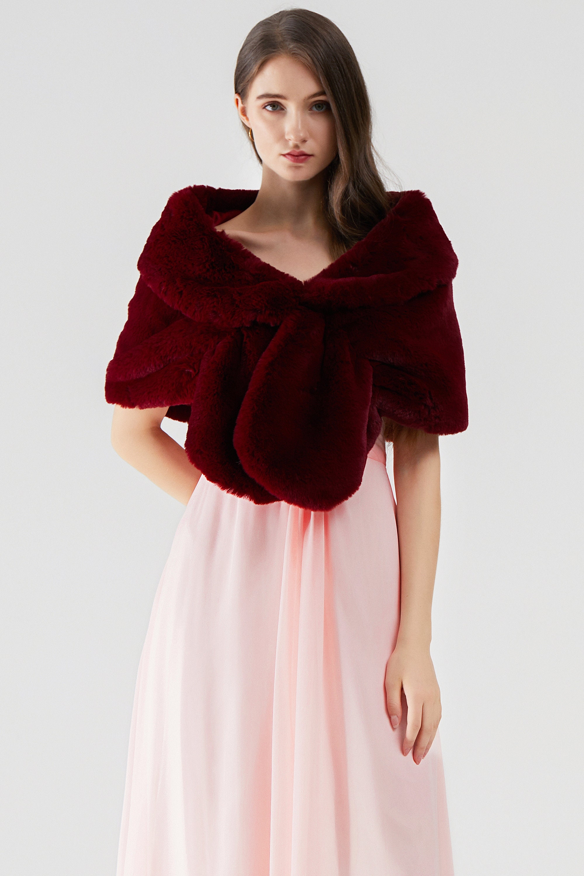 fur shawl with red dress