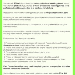 K&ouml;nnte beinhalten: Ein wei&szlig;er Informationsflyer mit einem hellgr&uuml;nen Rand und schwarzem Text. Die &Uuml;berschrift lautet RECEIVE $5 OR $10 BACK BY SHARING YOUR WEDDING PHOTOS OR VIDEO WITH US. Er beschreibt die Einreichungsanforderungen f&uuml;r professionelle Hochzeitsmedien.
