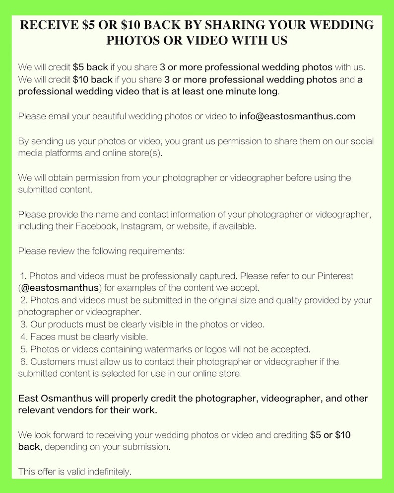 K&ouml;nnte beinhalten: Ein wei&szlig;er Informationsflyer mit einem hellgr&uuml;nen Rand und schwarzem Text. Die &Uuml;berschrift lautet RECEIVE $5 OR $10 BACK BY SHARING YOUR WEDDING PHOTOS OR VIDEO WITH US. Er beschreibt die Einreichungsanforderungen f&uuml;r professionelle Hochzeitsmedien.